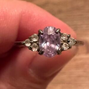 Vintage 925‎ Sterling Silver Ring with Oval Purple Stone & Rhinestones Size 6.5